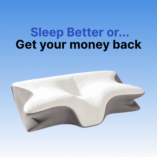 Woman lying on a Byeache cervical memory foam pillow with five symptom illustrations below