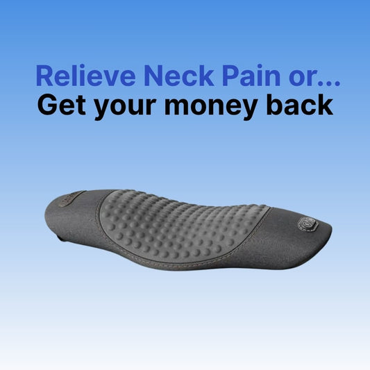 Gray Byeache heated neck and back massager with a textured center and controls on a blue gradient background