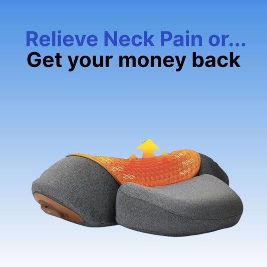ray Byeache neck massager with an orange center panel displayed against a blue gradient background