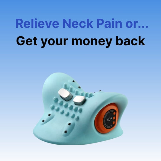 Turquoise Byeache neck stretcher massager with raised nodes and orange controls on a blue gradient background