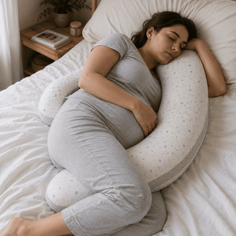 A woman sleeping soundly on a bed, curled up in a side-lying position supported by a large U-shaped nursing pillow. She is wearing a matching gray t-shirt and pajama pants.