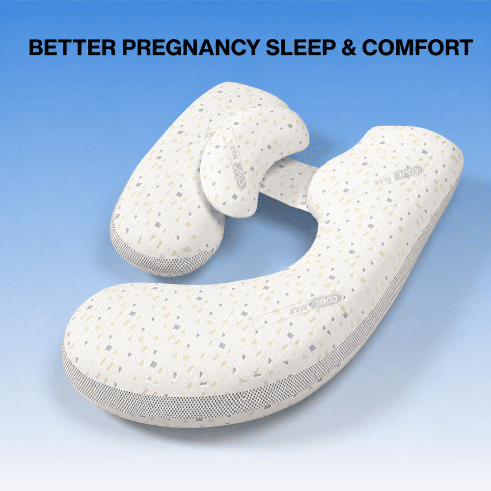 A U-shaped pregnancy support pillow with a speckled cream, beige, and gray pattern, displayed on a blue gradient background with the text 'BETTER PREGNANCY SLEEP & COMFORT' at the top.