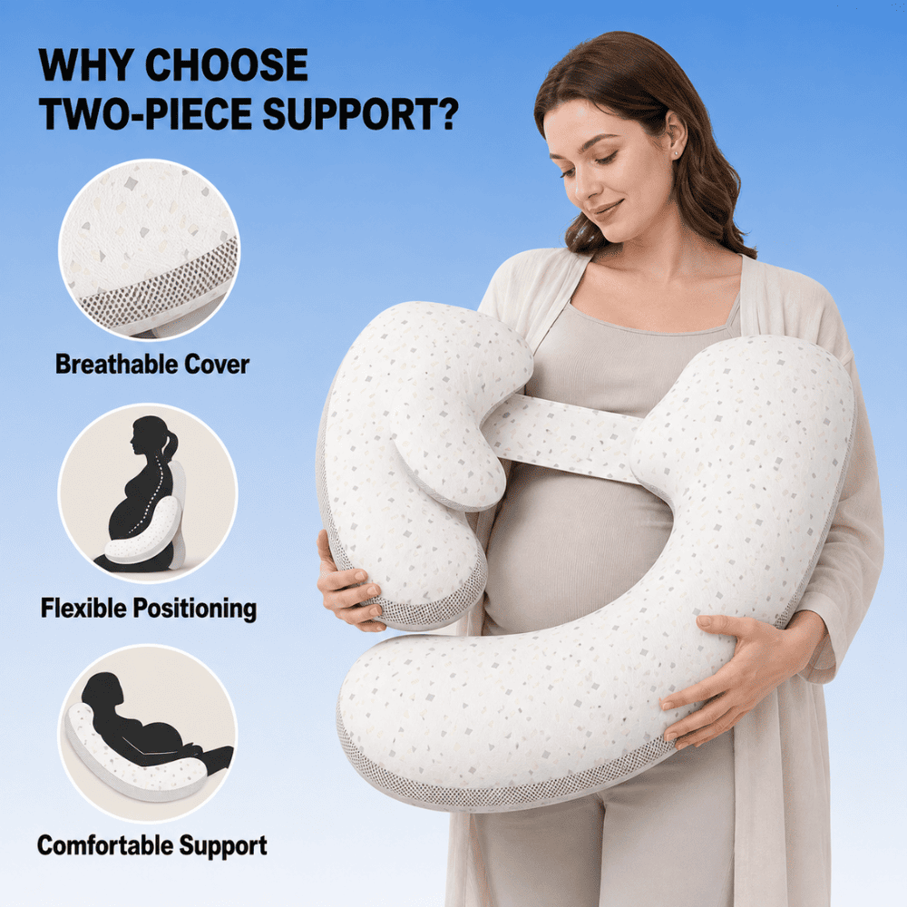 Pregnant woman holding a two-piece U-shaped maternity support pillow against a blue gradient background, with three circular callout graphics on the left highlighting breathable cover, flexible positioning, and comfortable support.