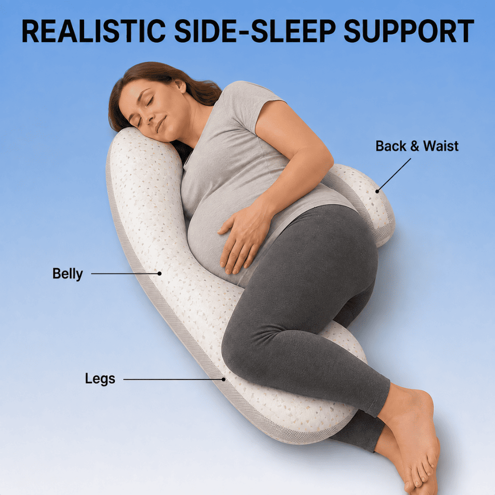 A pregnant woman lies on a U-shaped side-sleep support pillow against a blue gradient background, with text labels pointing to the Belly, Legs, and Back & Waist. The image includes the headline 'REALISTIC SIDE-SLEEP SUPPORT' at the top.