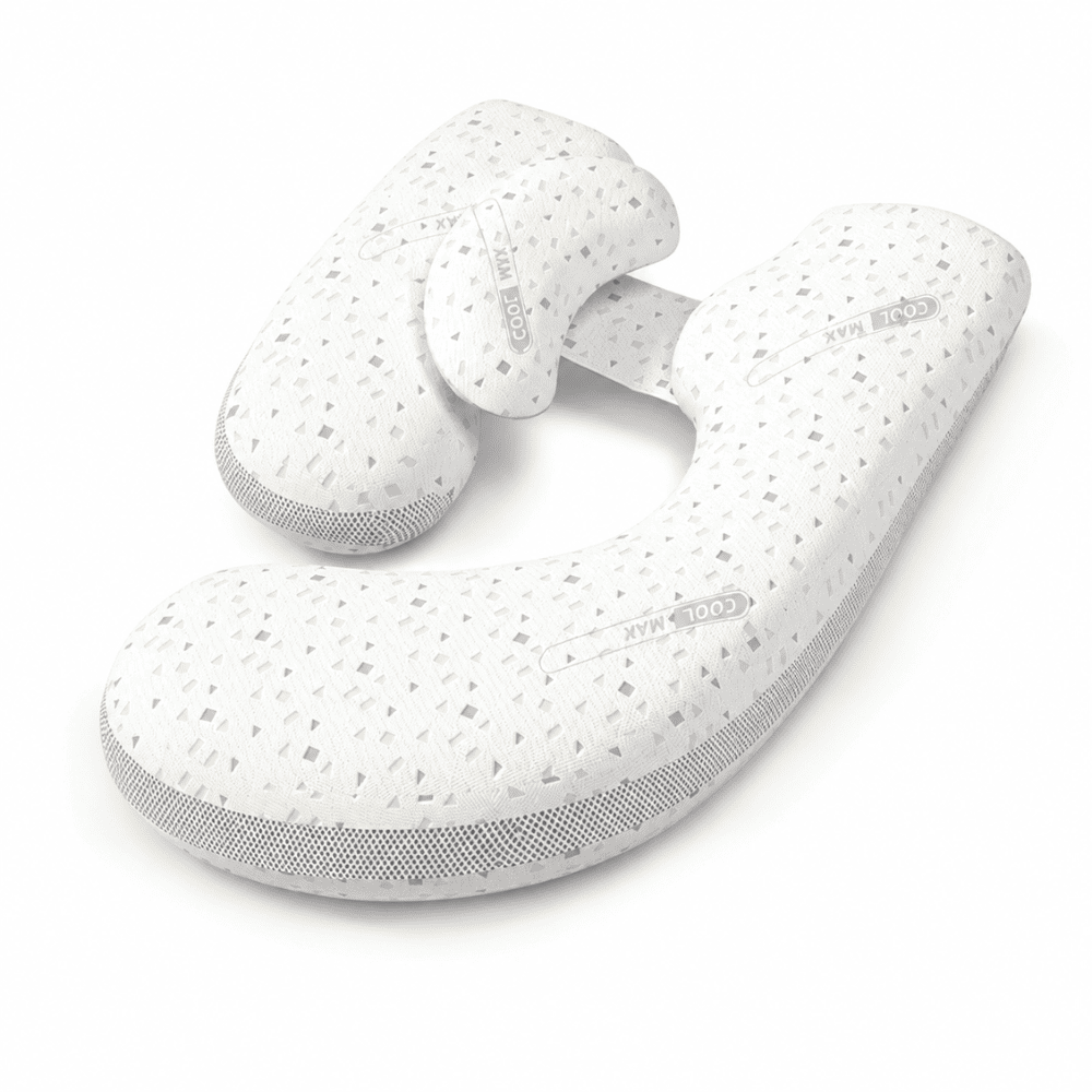 A white contoured neck pillow with a subtle gray speckled pattern, featuring a built-in support pillow and a visible 'COOL MAX' label, set against a plain white background.
