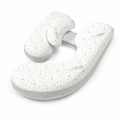A white contoured neck pillow with a subtle gray speckled pattern, featuring a built-in support pillow and a visible 'COOL MAX' label, set against a plain white background.