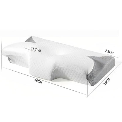 Cervical pillow with dimensions labeled on a white background