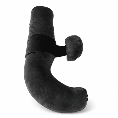 Charcoal black velvet adjustable pregnancy pillow with connected belly support cushion on a pure white background