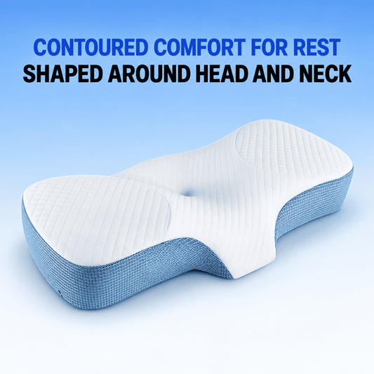 A contoured neck and head pillow shown on a light blue gradient background with promotional text at the top reading 'CONTOURED COMFORT FOR REST' and 'SHAPED AROUND HEAD AND NECK'. The pillow has a white quilted top surface and a textured light blue side.