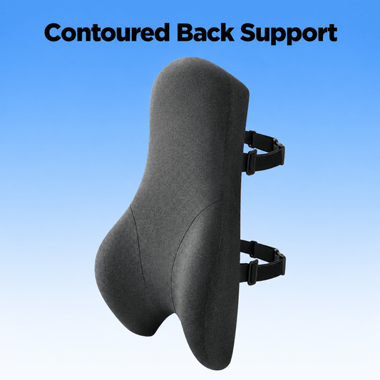 A contoured back support pillow in dark gray fabric with two black adjustable straps, shown against a blue gradient background with the text 'Contoured Back Support' at the top.