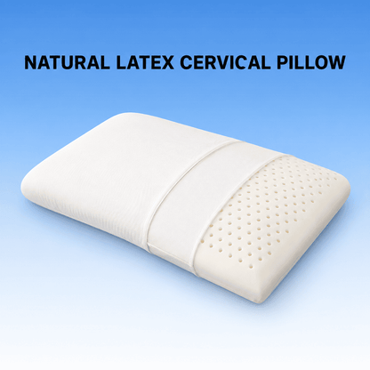 A natural latex cervical pillow shown at an angle against a blue gradient background with the text 'NATURAL LATEX CERVICAL PILLOW' at the top. The pillow has a white fabric cover with a central band and a textured, perforated natural latex section on one end.