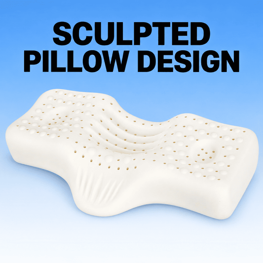 A white sculpted latex pillow with a contoured shape and perforated surface, shown against a blue gradient background with the text 'SCULPTED PILLOW DESIGN' at the top.