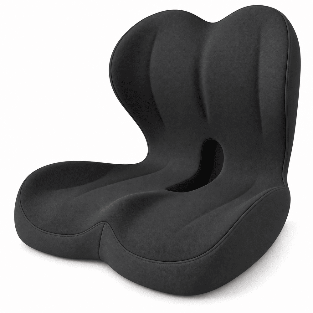 All-black integrated seat and back cushion with contoured seating and a central opening on a white background