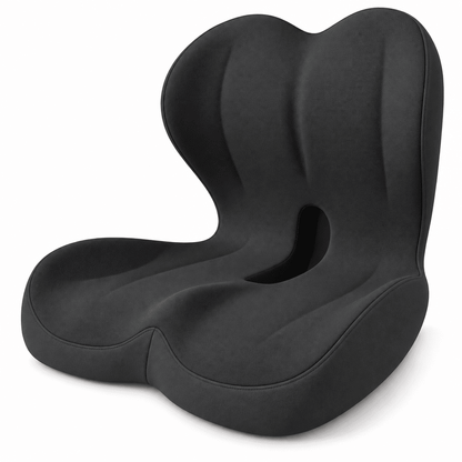All-black integrated seat and back cushion with contoured seating and a central opening on a white background