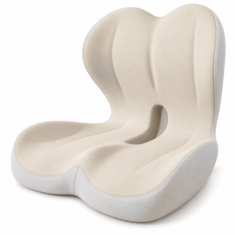 Cream integrated seat and back cushion with light gray sidewalls and a central opening on a white background