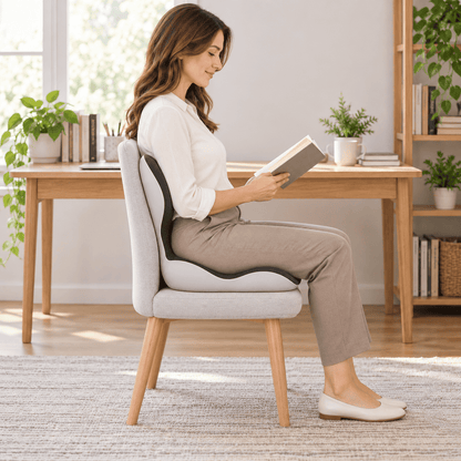 Side view of a woman reading on a chair with a black and light gray seat and back cushion
