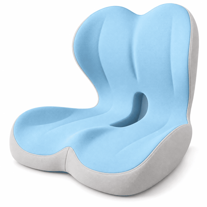 Light blue integrated seat and back cushion with light gray sidewalls and a central opening on a white background