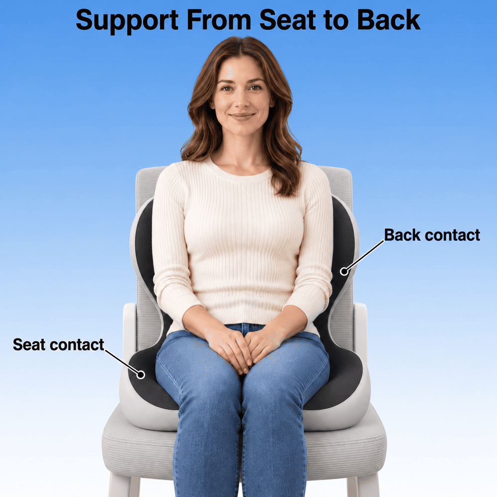 Front view of a woman sitting on a black and light gray seat and back cushion with seat and back contact labeled