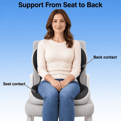 Front view of a woman sitting on a black and light gray seat and back cushion with seat and back contact labeled