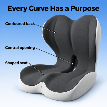 Black and light gray seat and back cushion with labels identifying the contoured back, central opening and shaped seat
