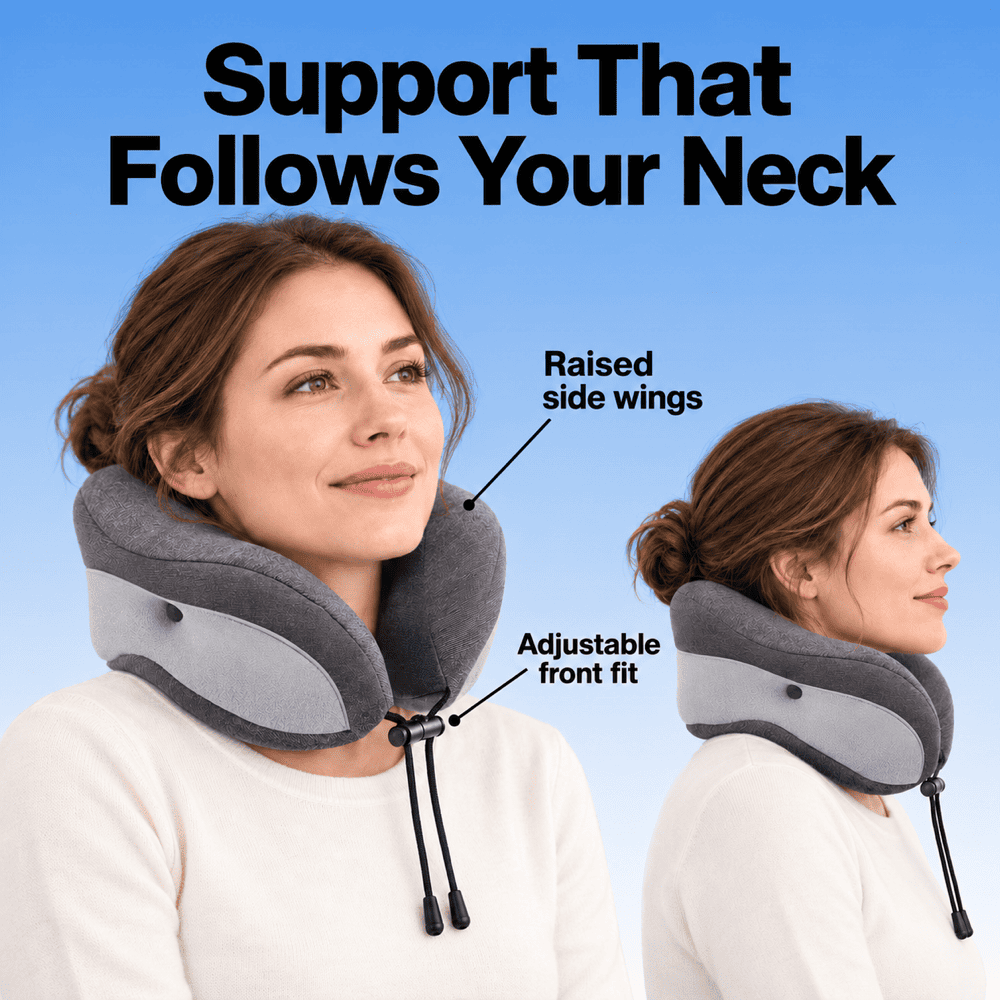 A woman wearing a gray and light gray neck support pillow, shown in two views against a blue gradient background with text reading 'Support That Follows Your Neck' and callouts for 'Raised side wings' and 'Adjustable front fit.'.
