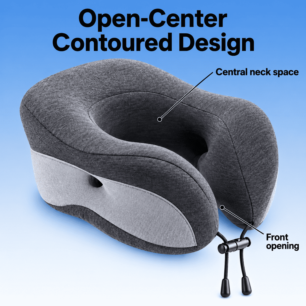 Charcoal and light gray travel neck pillow with labels marking its central neck opening and front drawcord
