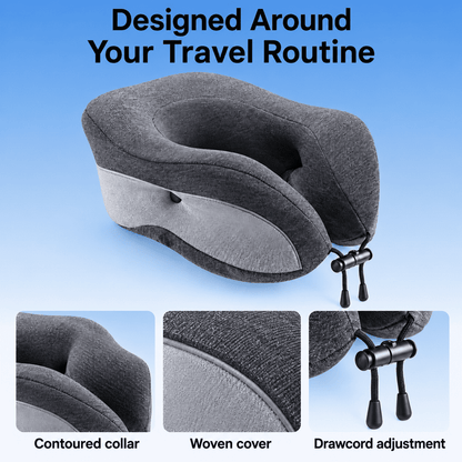 Gray travel neck pillow with drawcord adjustment, shown on a blue gradient background with the text 'Designed Around Your Travel Routine' and three detail inset images highlighting the contoured collar, woven cover, and drawcord adjustment.