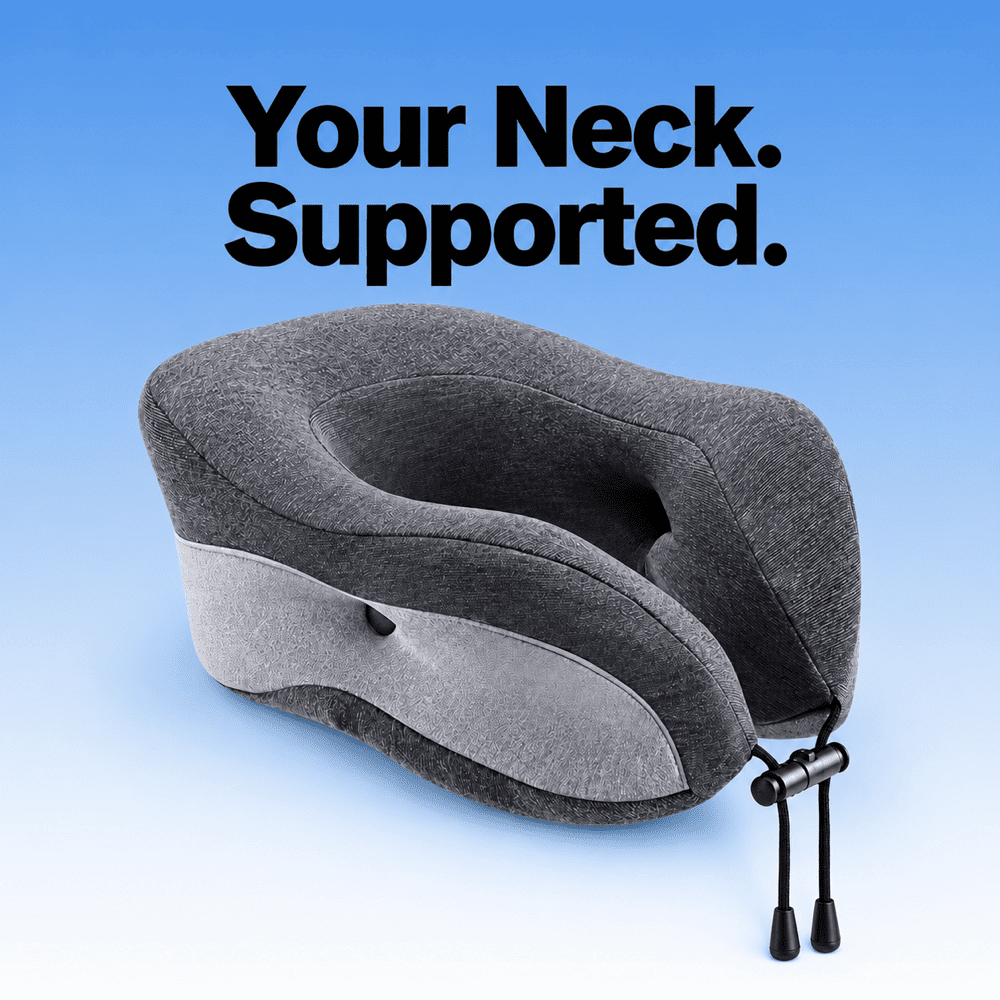 Charcoal and light gray travel neck pillow with raised sides, an open center and a front drawcord on a blue background