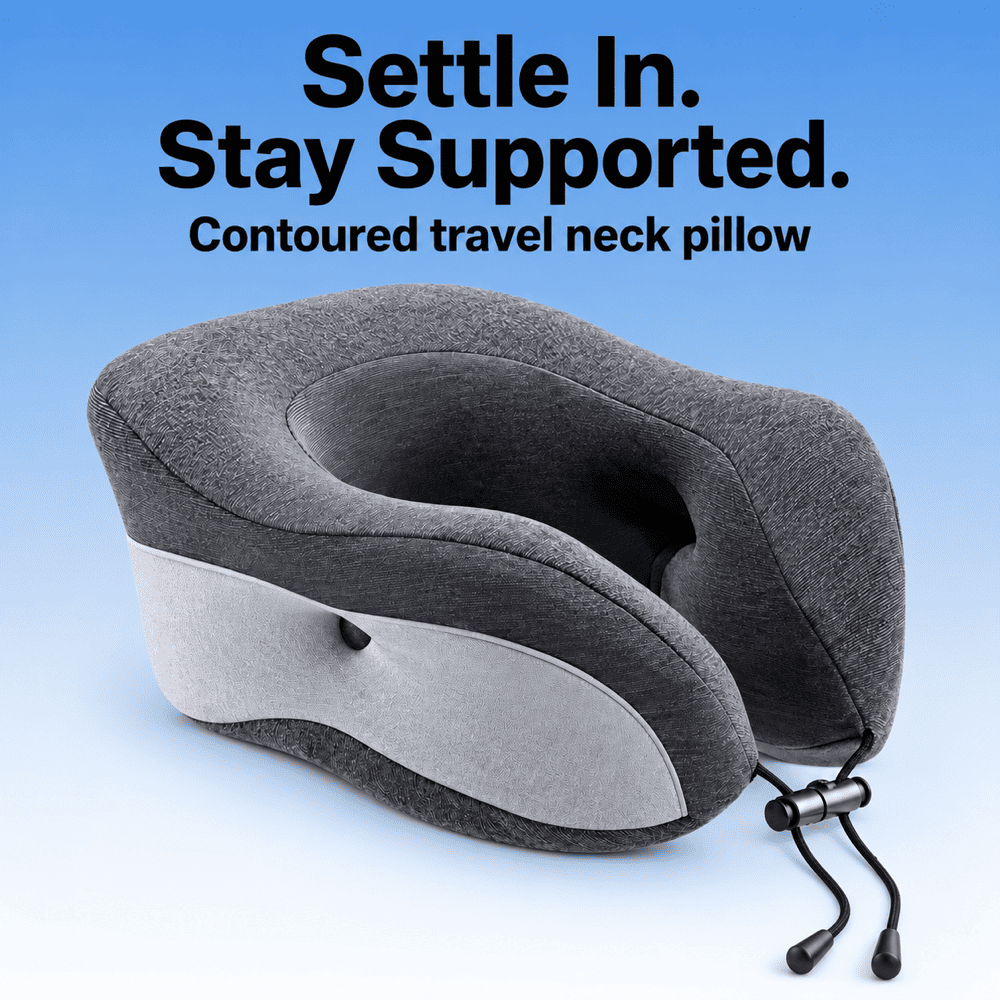 A contoured travel neck pillow in dark gray and light gray fabric, shown on a blue gradient background with the text 'Settle In. Stay Supported.