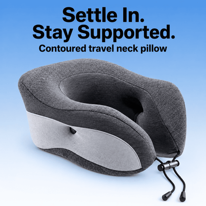 A contoured travel neck pillow in dark gray and light gray fabric, shown on a blue gradient background with the text 'Settle In. Stay Supported.