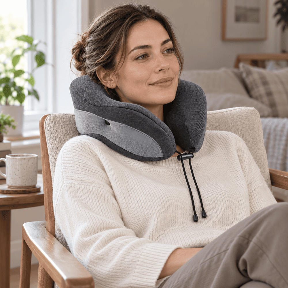 A woman wearing a cream knit sweater sits in a wooden armchair in a cozy living room, wearing a dark gray and medium gray travel neck pillow.