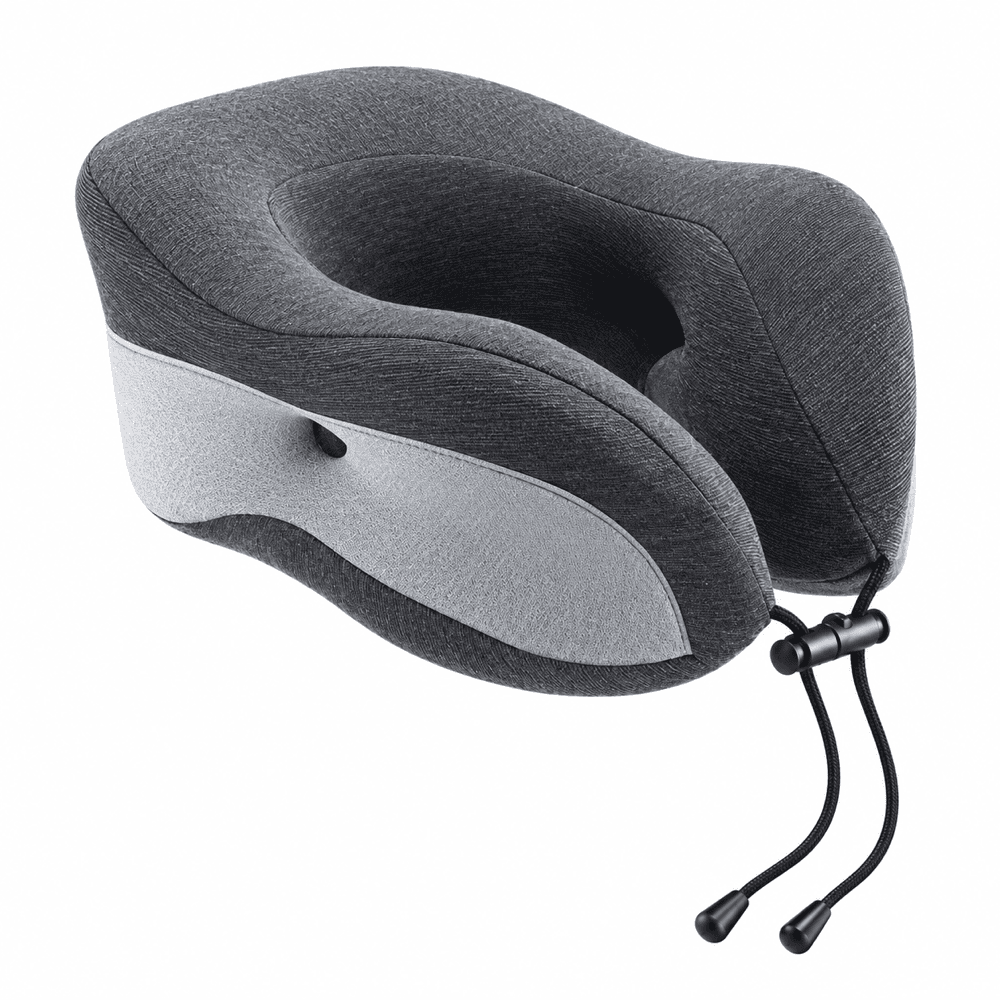 A dark gray and light gray travel neck pillow with black drawstring cords, shown on a solid white background.