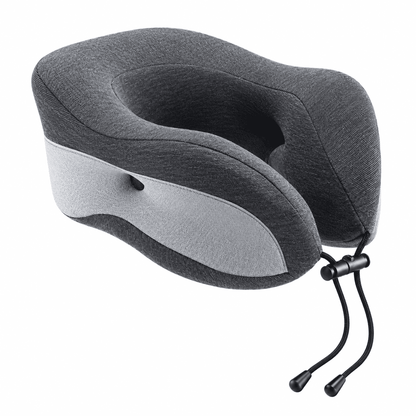 A dark gray and light gray travel neck pillow with black drawstring cords, shown on a solid white background.