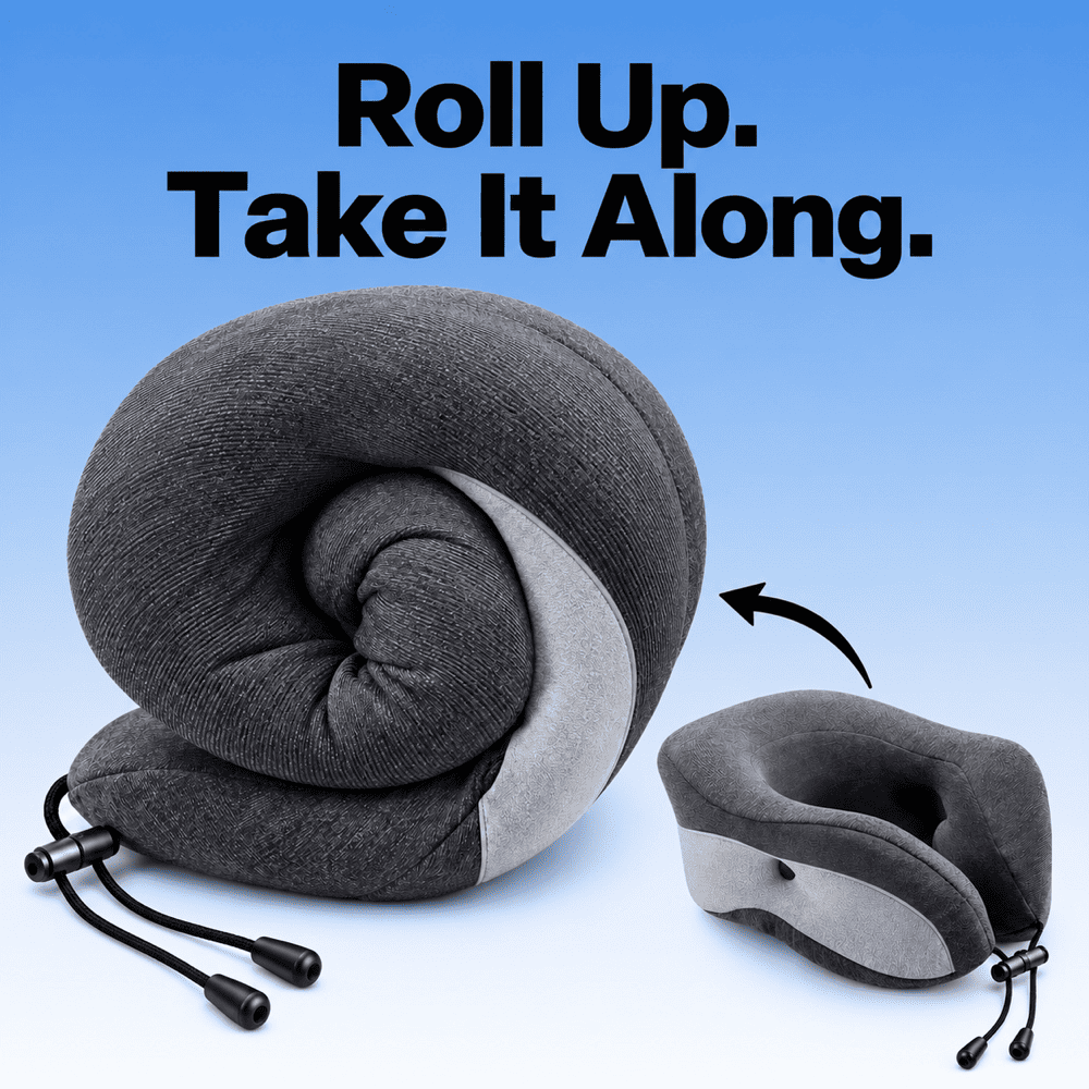 Charcoal and light gray travel neck pillow shown rolled up beside its open form