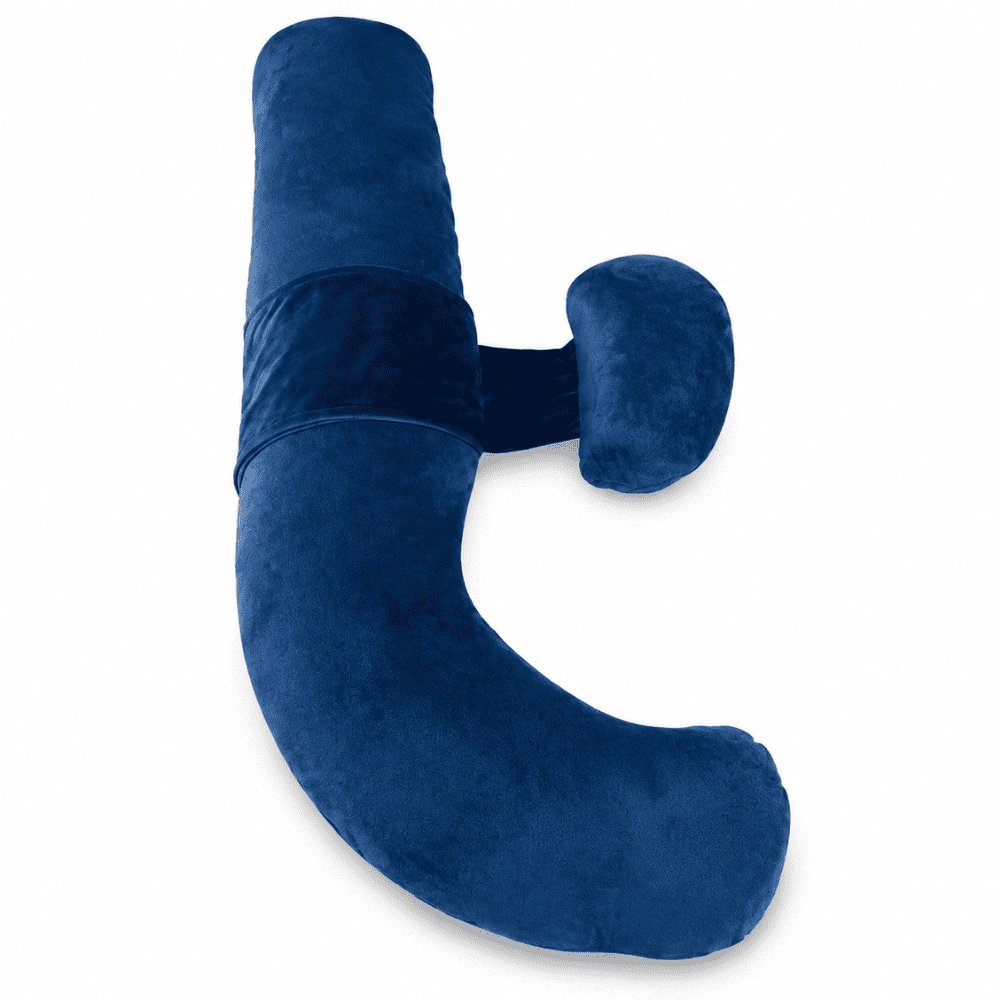 Deep blue velvet adjustable pregnancy pillow with connected belly support cushion on a pure white background