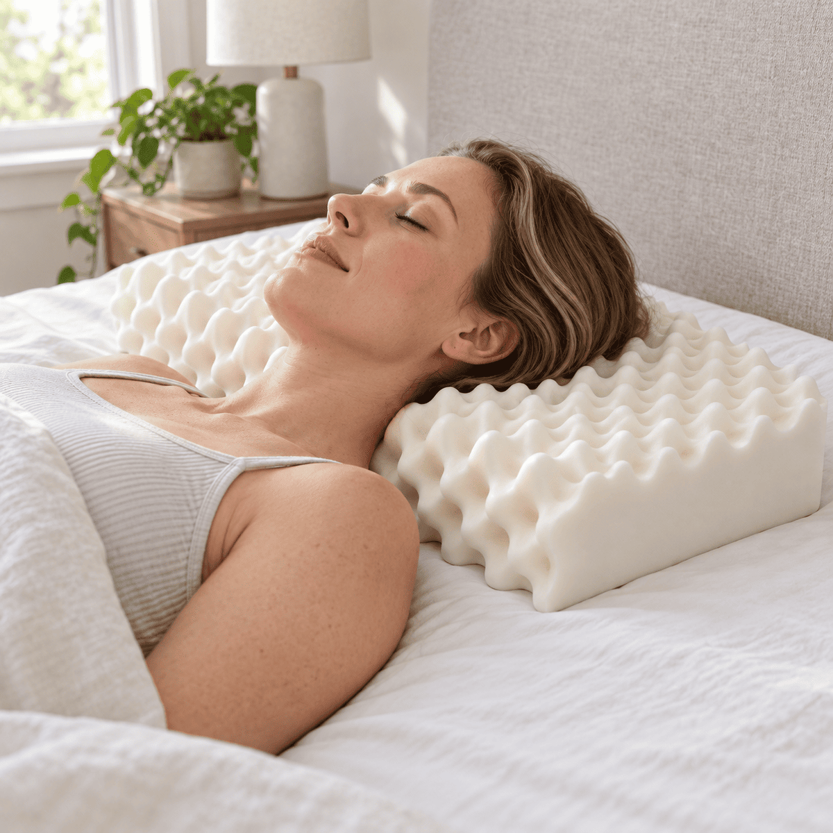 A woman lies on a bed with her eyes closed, resting on a white textured, contoured pillow. The bedroom setting features a neutral gray headboard, white bedding, and a bedside table with a lamp and plant in the background.
