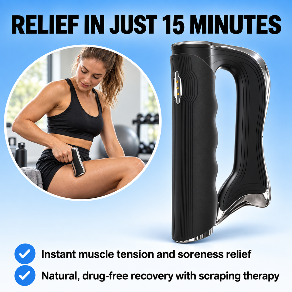 A handheld black and silver scraping therapy device shown on a blue gradient background with promotional text reading 'RELIEF IN JUST 15 MINUTES' and a circular inset photo of a woman using the device on her leg.