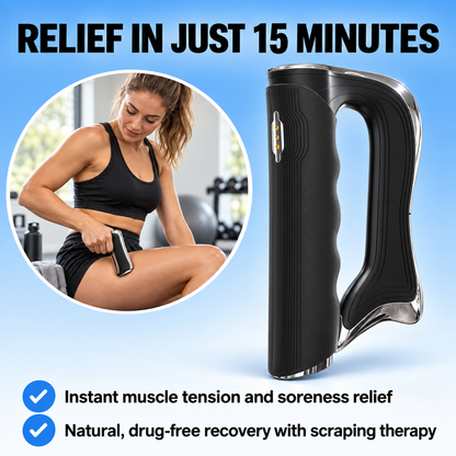 A handheld black and silver scraping therapy device shown on a blue gradient background with promotional text reading 'RELIEF IN JUST 15 MINUTES' and a circular inset photo of a woman using the device on her leg.