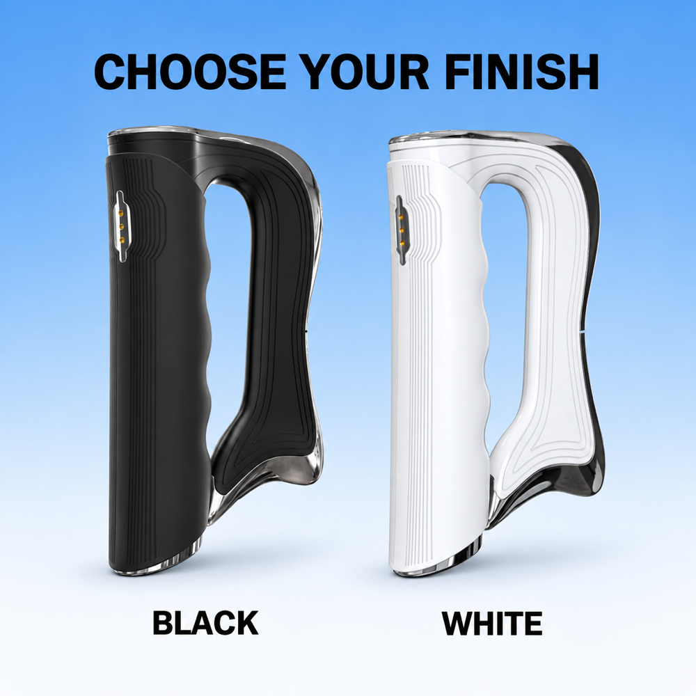 A product comparison graphic showing two handheld steamers side by side with the text 'CHOOSE YOUR FINISH' at the top and color labels 'BLACK' and 'WHITE' below. The left stamper is black with silver trim, and the right stamper is white with silver trim, set against a light blue gradient background.