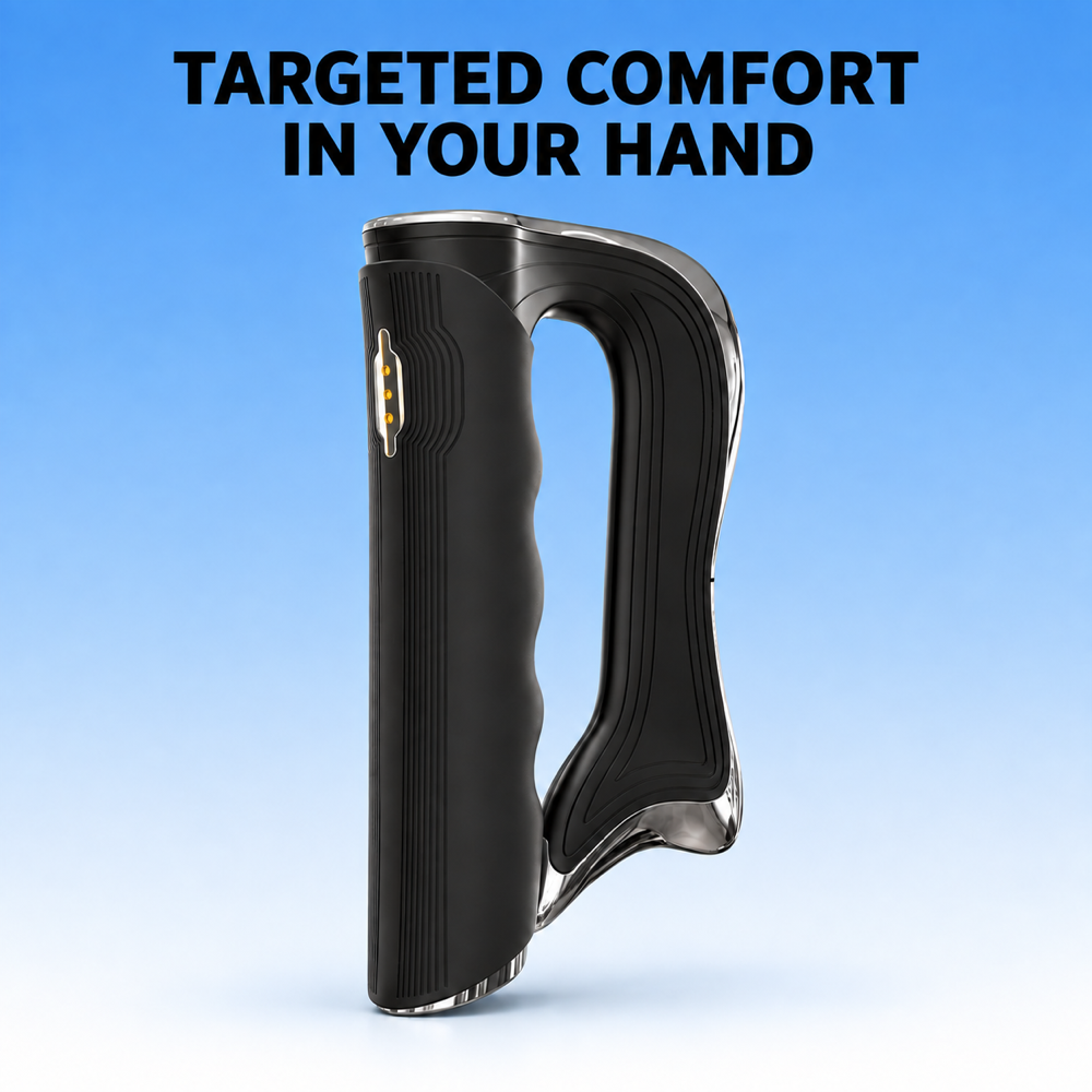 A handheld black massage or beauty device with a curved ergonomic handle and metallic silver trim, shown against a blue gradient background with the text 'TARGETED COMFORT IN YOUR HAND' at the top.