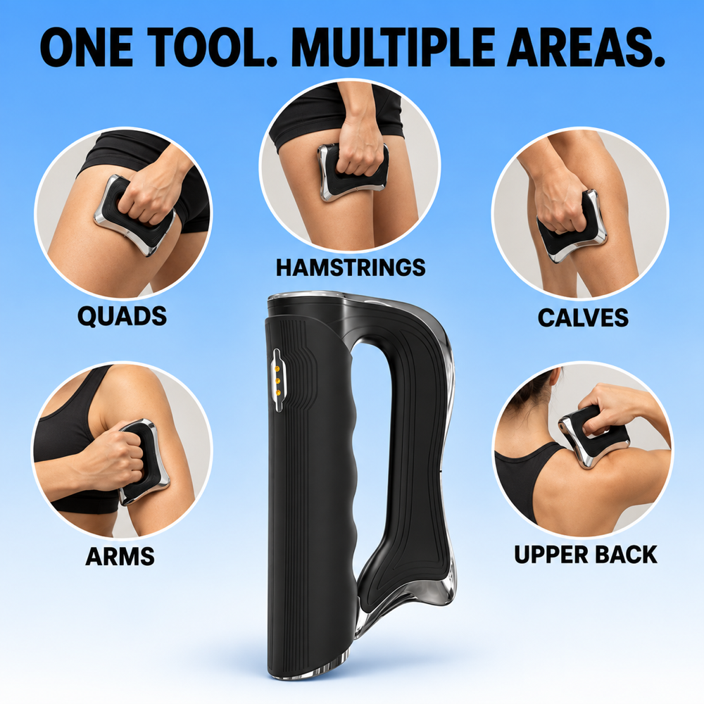 Black and silver handheld muscle massager shown on a blue gradient background with five circular inset photos demonstrating use on quads, hamstrings, calves, arms, and upper back. Large text reads 'ONE TOOL.