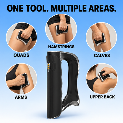 Black and silver handheld muscle massager shown on a blue gradient background with five circular inset photos demonstrating use on quads, hamstrings, calves, arms, and upper back. Large text reads 'ONE TOOL.