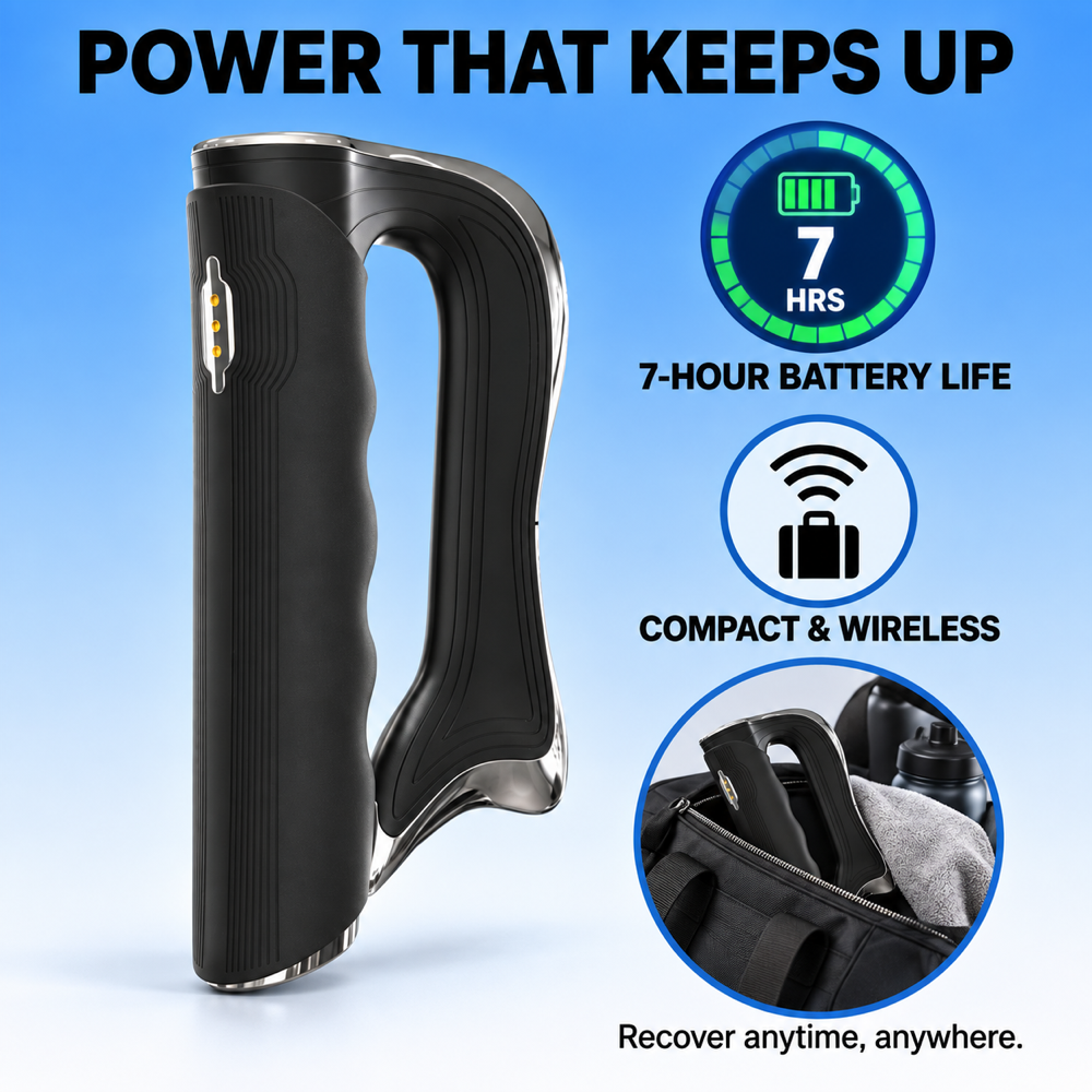 A black handheld electric muscle stimulator or massager with silver trim, shown on a blue gradient background with promotional text and icons highlighting 7-hour battery life, compact wireless design, and pocket-friendly portability.