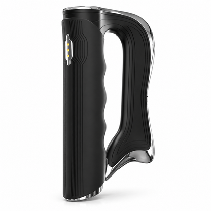 A sleek black handheld personal massager with a curved ergonomic handle, metallic silver trim, and a small LED indicator light, shown on a solid white background.