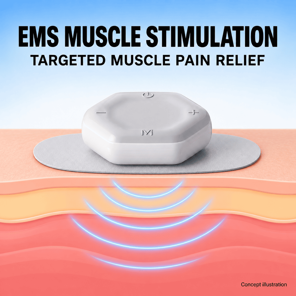 An EMS muscle stimulation device shown above a cross-sectional diagram of skin and muscle layers, with blue waveforms indicating targeted muscle pain relief. Large text at the top reads 'EMS MUSCLE STIMULATION' and 'TARGETED MUSCLE PAIN RELIEF'.