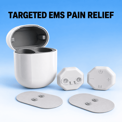 Targeted EMS pain relief device set with an open white charging case, two small white control units, and two gray electrode pads on a blue gradient background with the text 'TARGETED EMS PAIN RELIEF'.