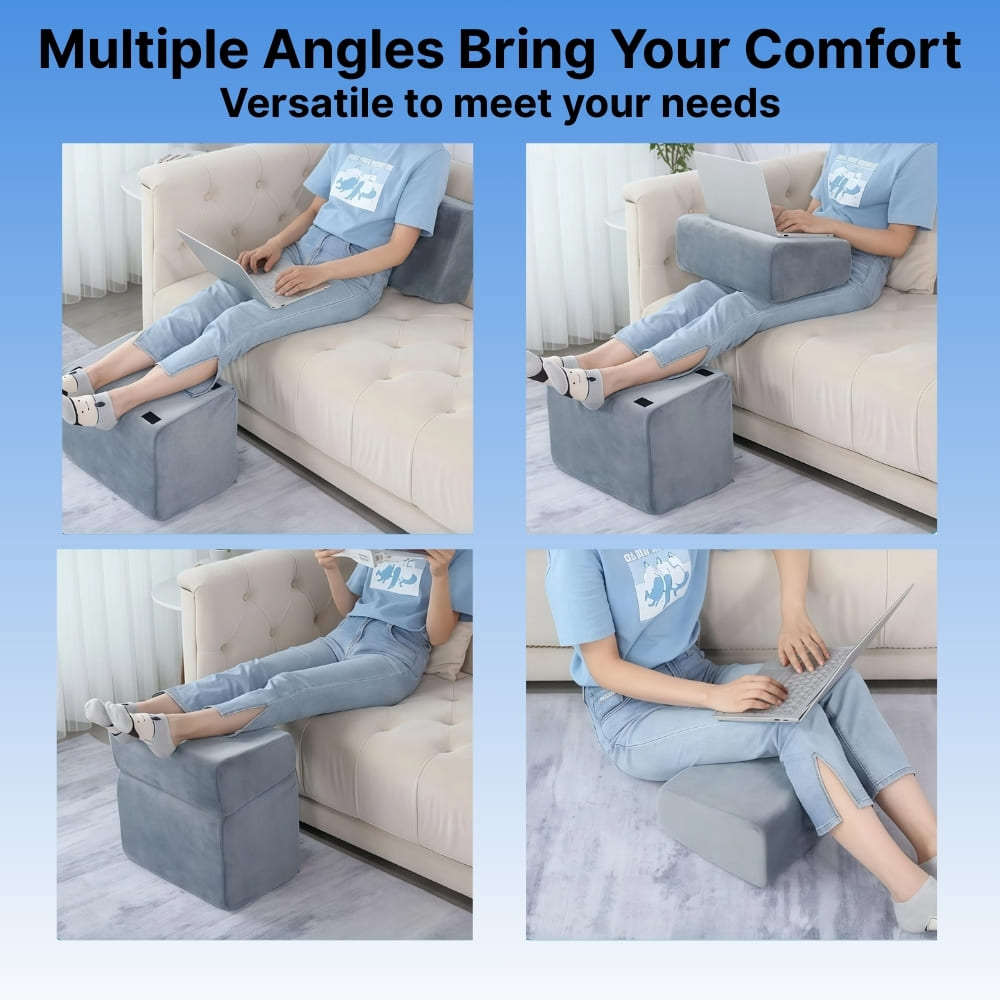 Person using a footrest in various positions on a couch with text about comfort and versatility.