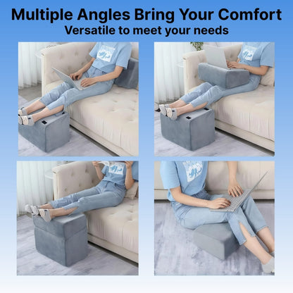 Person using a footrest in various positions on a couch with text about comfort and versatility.
