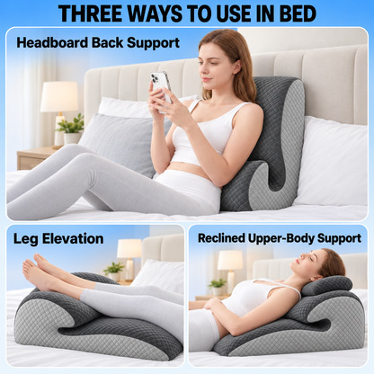 Three-panel promotional graphic showing a woman using a gray contoured U-shaped support pillow in bed in three positions: headboard back support, leg elevation, and reclined upper-body support. Large text at the top reads 'THREE WAYS TO USE IN BED' with labels for each use case.