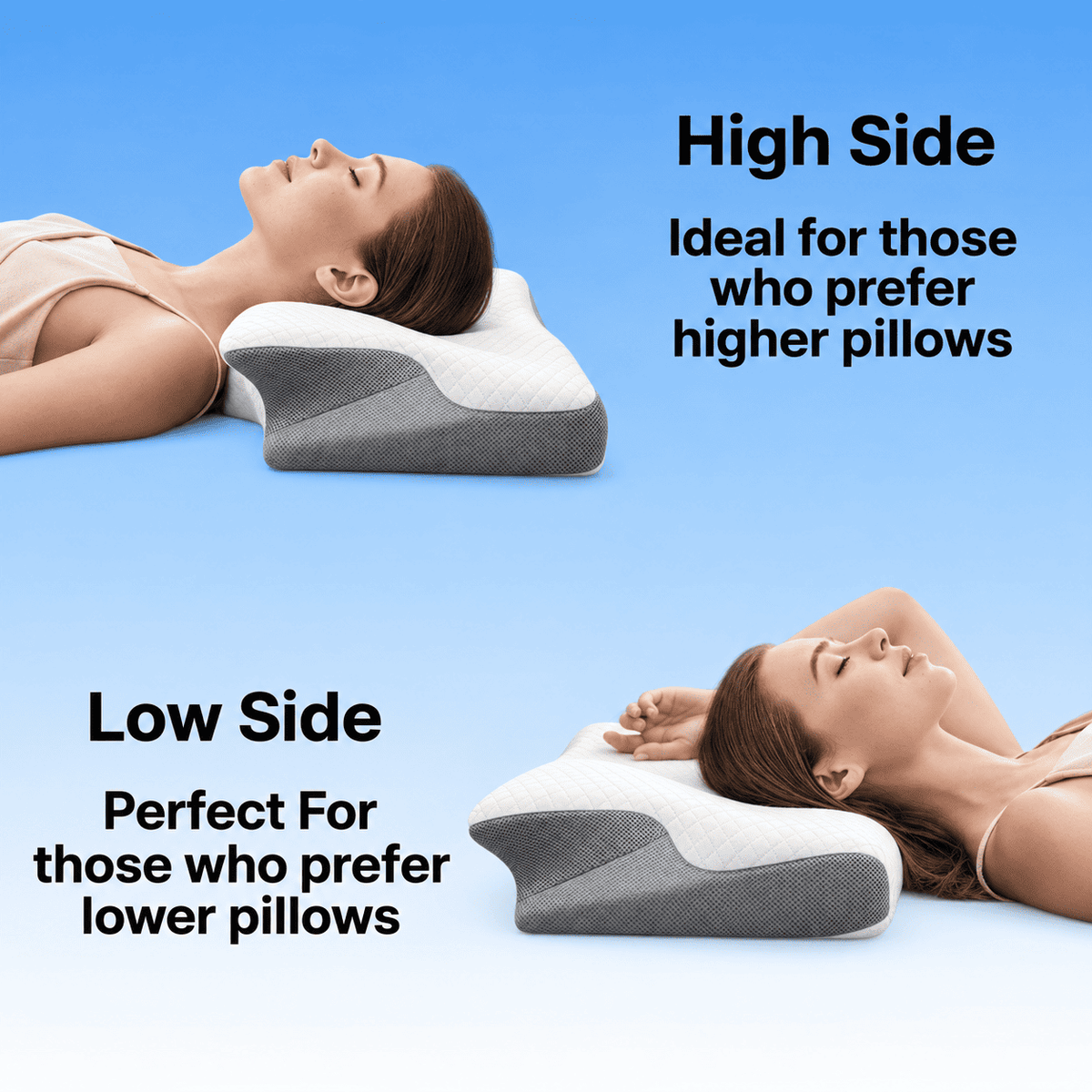 Two women lying on a contoured pillow against a blue gradient background, with text labels reading 'High Side' and 'Low Side' to explain pillow height preferences.
